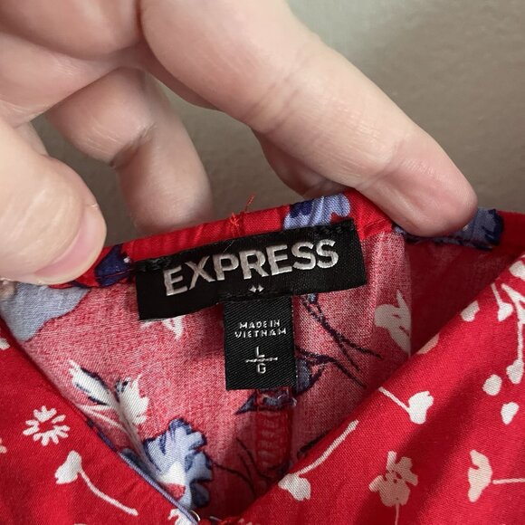 Express Women Sz L Red Floral Faux Wrap Adj Spaghetti Strap Ruffled Sundress - Picture 9 of 11